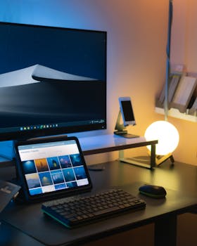 Sleek indoor workspace featuring computer, tablet, glowing desk lamp, and modern décor.